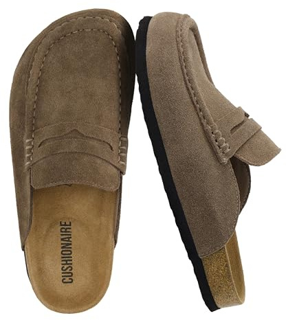 CUSHIONAIRE Fondu Genuine Leather Mule Clogs for Women, Comfortable Slip On Womens Shoes with Penny Strap Accent and Memory Foam Footbed, Taupe 8
