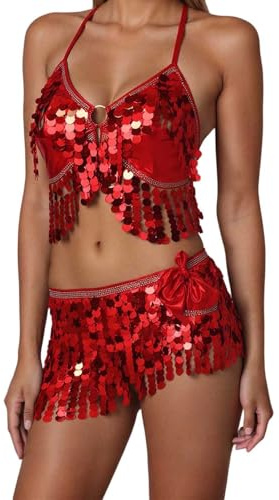 Set di nappa da donna con paillette, top con frange, gonna belly dance, abbigliamento da ballo, festival, gonna da ballo, cintura per fianchi, gonna con frange, gonna glitterata, O rosso., Taglia