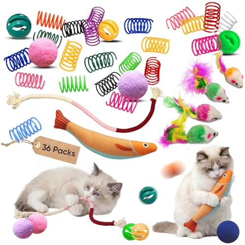YULOYI Cat Toys for Indoor Cats, 36 Pack Interactive Cat Toy Set | Kitten Toys Variety Pack with Plush Fish, Chew Ropes, 12Colors Spring, Mouse & Ball, Ideal for Boredom Relief and Self Play