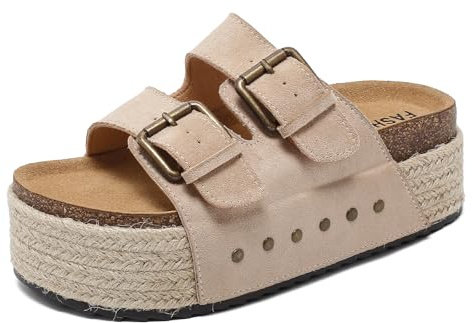 zaxunai Sandales Femme Plateforme Mules Liège Boucle Réglable | Sandales Femme à Semelle Épaisse en Liège, Mules Légères à Boucle Ajustable, Claquettes pour Plage, Piscine et Maison