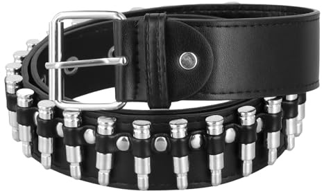 Amexo Ceinture Cloutée en Forme de Balles, Ceintures à Balles Pour Hommes, ceintures Rivet pour Jeans en Cuir PU Punk Bullet Rivet clouté Ceinture Gothique Punk Rock, Noir (120cm)