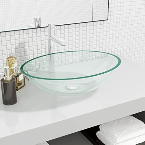 Ziaphsol Lavabo en verre transparent 50 x 37 x 14 cm lavabo au-dessus du comptoir avec trou de vidange 4,5 cm pour salle de bain