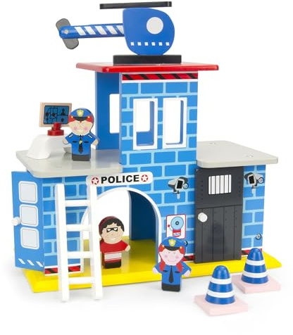 Leomark Poste de Police en Bois + 9 Voitures en métal Robustes Le Commissariat de Police Le Poste de Commandement Miniatures Garage Parking À Voitures Figurines hélicoptère Jeu Créatif