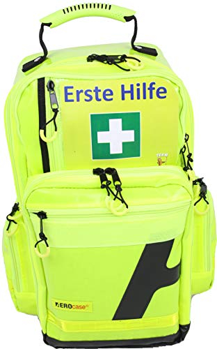 AeroCase Notfallrucksack Medicus/PRO - LEER - 28 Ltr. aus gelber Plane mit weißen Reflexstreifen und 5 Modultaschen, 3 Außentaschen