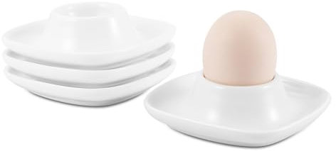 Flexzion Soft Boiled Egg Holder Set - 4-Piece White Ceramic Egg Cup, Stackable Egg Coddler Cups with Base for Serving, Breakfast, Brunch - Kitchen Table Decor, White
