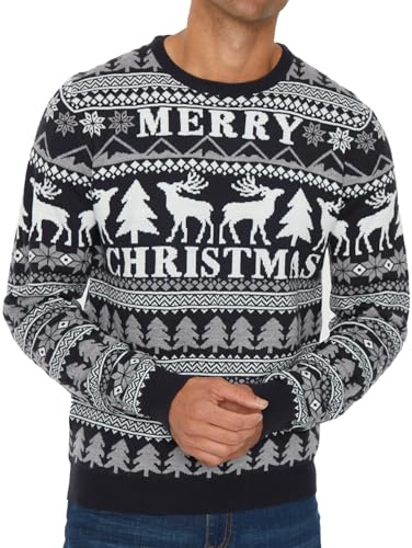 NOROZE Men's Christmas Jumper Reindeer Stag Nordic Polar Bear Festive Unisex Xmas Jumpers (XL, Merry Christmas Navy)