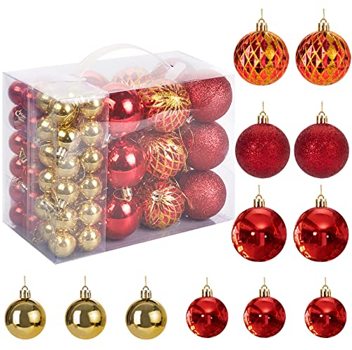 MTSCE Lot de 66 Boules de Noel Décorations pour Arbres de Noël Boules Sapin de Noel en Or Rouge, adaptées à l'intérieur et à l'extérieur