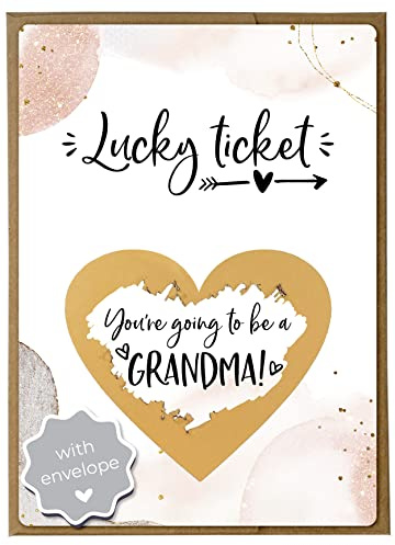 JoliCoon Pregnancy Announcement Scratch Card, Grandma Reveal, with envelope | 350gsm designer paper, tactile UV finish, natural envelope with gold heart, scratch panel