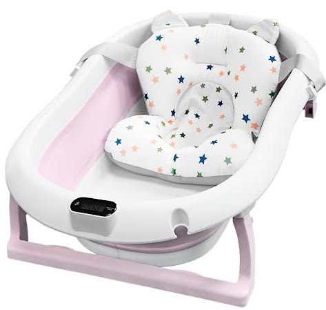 ALMAR Baby Bañera Plegable Bebé hasta 24 meses Rosa Palo con Termómetro Asiento Reductor para Recien Nacido con Patas Antideslizante Indicador de Temperatura Compacta