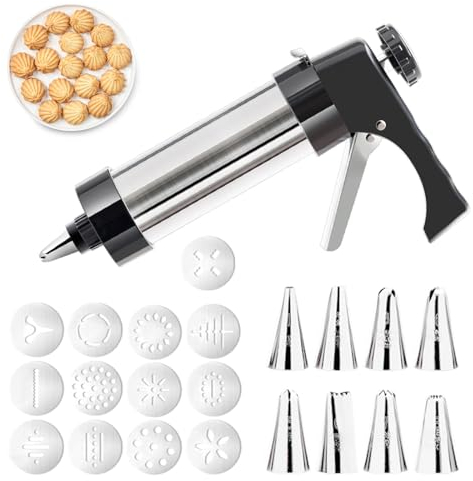 XSYKJGS Gebäckpresse für Spritzgebäck Edelstahl Spritzgebäck Presse, Teigspritze Tragbar Spritzgebäck Maschine mit 13 Schablonen und 8 Tüllen Plätzchenpresse für Kuchen Kekse