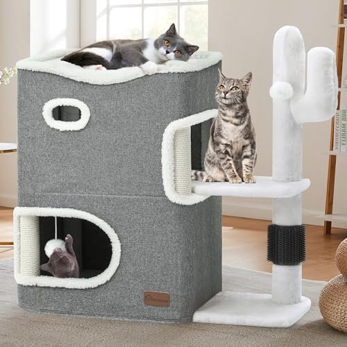 YITAHOME 2-Tier Cat House, Indoor Cat Cave Bed Playhouse, Cat Tunnels with Scratch Pad and Hideaway Cube, Cute Modern Cat Condo Furniture for Multi Small Cats, Cactus (Grey)