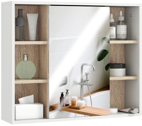HOMCOM Mobile Bagno con Specchio, 3 Ripiani Laterali e Ripiano Regolabile Interno, Specchio Bagno Contenitore in Legno, 60x14.5x49.4 cm, Bianco e Color Legno