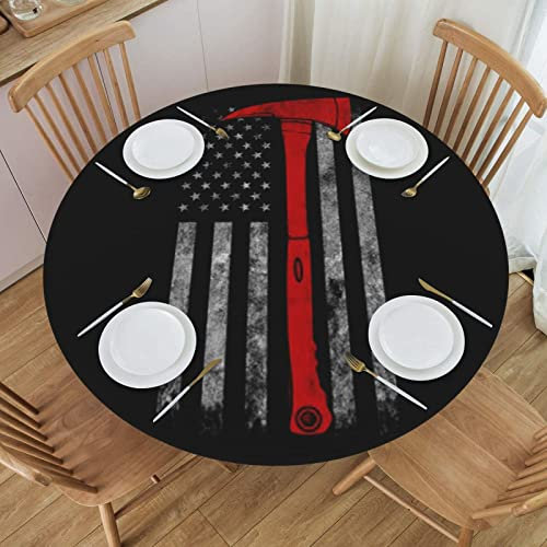 Firefighter Axe Red Line Flag Print Tablecloth Elastic Edged Round Fitted Table Cover 48 Inch, Waterproof Wipeable Table Cloth for Indoor Outdoor Picnic Party (Fits up 40-44 Diameter Tables)