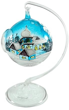 Windlicht, Teelicht Kugel, Kerzenglas mit Glasständer, Glaskunst, Glasmalerei, Winterlandschaft, gemütliches Licht, Weihnachtskugel, edle Tischdekoration (türkis)