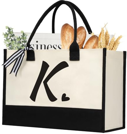 HorHer Initial Canvas Tote Bag, Personalized Beach Jute Bag Present for Women Holiday, Friends Birthday Gift, Beach, Wedding