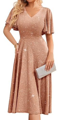 Bridesmay Women's Glitter Sequin Homecoming Cocktail Dresses Midi Tea Party Dress for Church Wedding Glitter Blush L