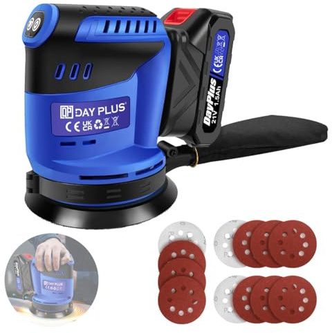 WELAIRICH 21V Cordless Orbital Sander, Random Orbital Sander Brushless with 3 Variable Speeds Cordless Sanding Machine with 360°Rotating Base, 125mm 12pcs Sandpapers for Sanding/Polishing Wood (1.5Ah)