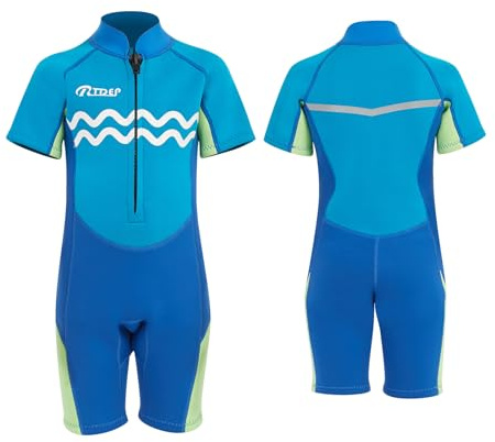 Rtdep Neoprenanzug Kinder,2mm Kurze Neopren Taucheranzug für Jungen Mädchen,Surfanzug mit Frontreißverschluss zum Tauchen,Surfen,Schwimmen,Kajakfahren