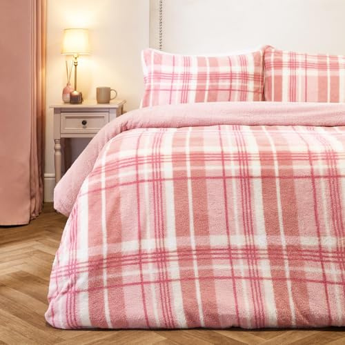 OHS Teddy Fleece Duvet Set King Size, Christmas Winter Fluffy Tartan Check Sherpa Reversible King Size Duvet Cover Set Super Soft Warm Thermal Teddy Bear Bedding & Pillowcases, Blush Pink