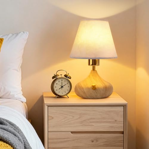 Jriceskiz Nightstand Table Lamp with Knob Switch,Seamless Dimming, Wood Base & Fabric Shade, E26 Bulb Included, Compact Bedside Lamp for Bedroom, Living Room, Office