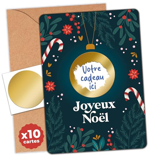 aliceandberry Carte à gratter personnalisable Noël - Cadeau non matériel - Carte cadeau surprise à offrir - Pastille autocollante à gratter + enveloppe incluse - Expérience magique (10 cartes)