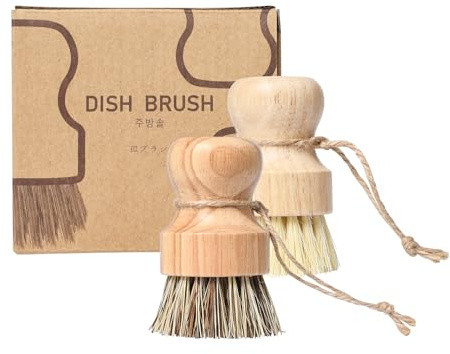 Pumwoy 2 Pezzi Spazzola per Piatti in Legno, Spazzola per Funghi con Corda Sospesa, Spazzola per Verdure, per Pentole Piatti Lavelli Verdure e Frutta (Sisal e Palma)