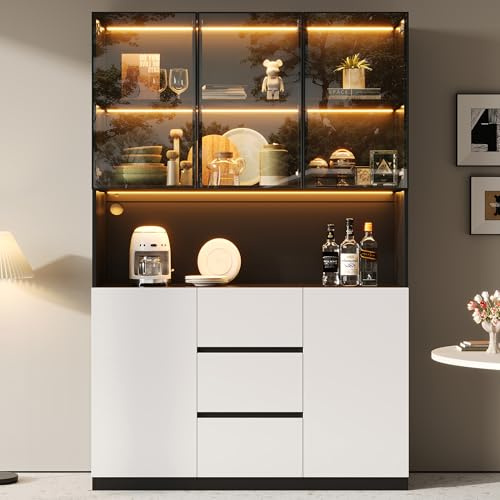 Kebnor Vitrina de vidrio iluminada con LED 120×40×200cm – Vitrina de vidrio templado con estantes abiertos, TRES cajones y dos puertas. Un armario versátil adecuado para sala de estar y comedor.