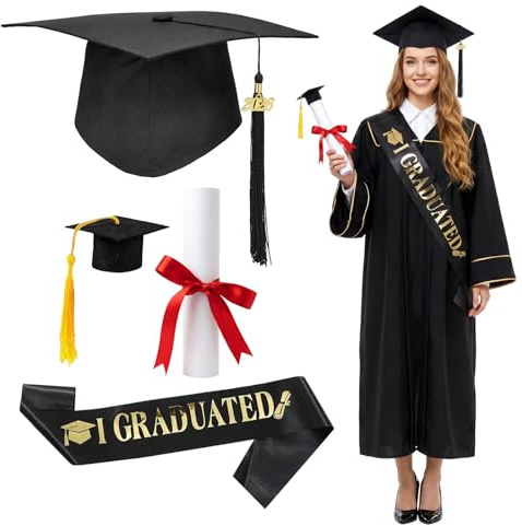 Saier tbo Lot de 4 chapeaux et écharpes de bachelor 2026, réglables, noirs, avec écharpe « I Graduated » et rouleau de diplôme, décoration pour université et remise de diplôme
