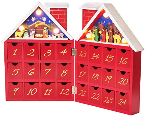 BRUBAKER återanvändbar adventskalender gjord av trä att fylla - rött julhus med nattspel och LED-belysning - DIY julkalender 21 x 9 x 30 cm