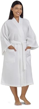 Waffle Robe for Women by BOCA TERRY, Soft Cotton Spa Robes for Summer, Lightweight Women's Knit Waffle Bathrobe, Kimono Style Bathrobes, White Small/Medium