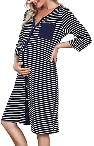 Marvmys moderskap nattlinne för sjukhus amning nattkläder 3/4 längd ärmar amning nattlinne button-down sovskjorta v-hals pyjamas mjuka myskläder för gravida kvinnor