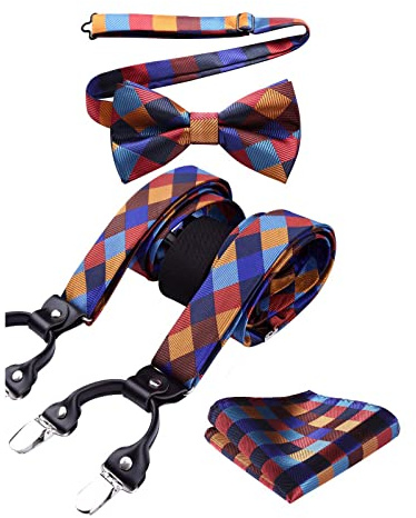 HISDERN Bretelle Uomo Eleganti Set Papillon e Bretelle Fazzoletto Arancia in Plaid Larghezza Regolabile Forma a Y Elastica Braces