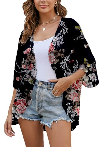 Heynino Women's Floral Print Casual Kimono Cover up Sheer Loose Blouse Tops Black XL