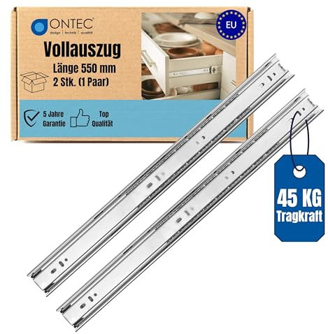 ONTEC Schubladenschienen Vollauszug 550mm 2 Stück - Schubladenauszug Extra Stabil Schubladen Schienensystem 45kg Traglast Auszugschienen Schubladenführungen - Leichte Montage