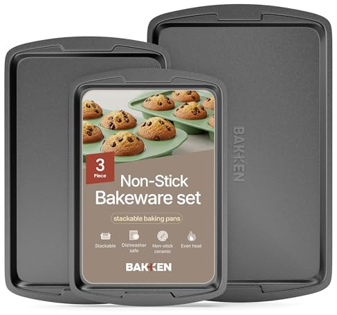 Bakken- Swiss Cookie Sheet 3 Piece Set - Non-Stick, Stackable Baking Pans, Gray Deluxe Ceramic Coating – Dishwasher Safe - for Home Baking