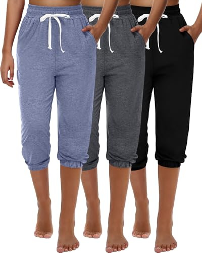 Ficerd 3 Pezzi Pantaloni della Tuta Capri da Donna Pantaloni da Jogging Estivi Casual Sportivi Cropped Pantaloni da Salotto a Vita Alta Sportivi con Tasche(Nero, Grigio Scuro, Azzurro,Medium)