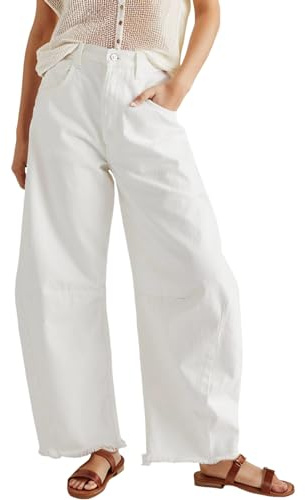 YOUYING Barrel Jeans Donna Vita Media Barrel Denim Pantaloni alla Caviglia Gamba Larga Y2k Baggy Boyfriend Jeans Corti Denim Tasche, G# Bianco, XL