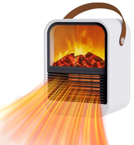 FainFun Mini Heizungslüfter, PTC Heizlüfter, 1000W Elektrokamin mit Led Flammeneffekt, Anti-Kipp-Schutz, Mini Keramik Heizlüfter Steckdose für Wohnzimmer, Schlafzimmer, Schreibtisch(Flamme)