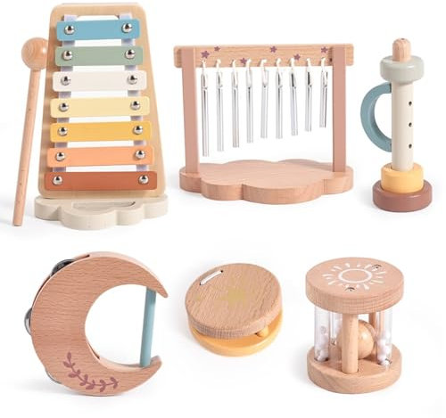 Smartwo Musikinstrumente für Kinder ab 1 2 3 Jahre, Montessori Baby Musikspielzeug, Musik Instrumente Holzspielzeug Set mit Xylophon Flöte Kastagnette, Geschenk für Mädchen Jungen Kleinkind
