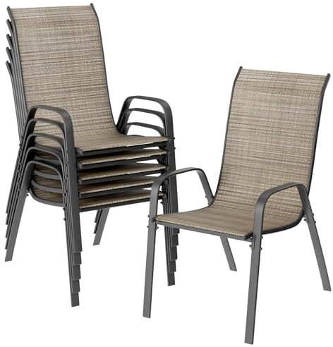 LIFERUN Stackable Garden Chairs with High Back, Set of 6 Flax Brown, Armrests & Textilene Fabric, 150kg Capacity, Outdoor Dining Chairs for Patio, Backyard, Balcony, Restaurant
