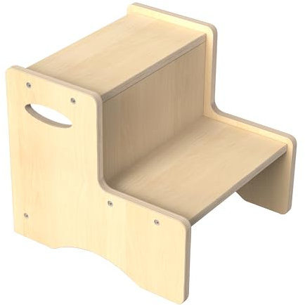 Two Tier Step Stool for Kids with Safety Wall - Sturdy Wooden Step Ladder for Bathroom, Kitchen & Home, Tilt Protection, Wood Effect