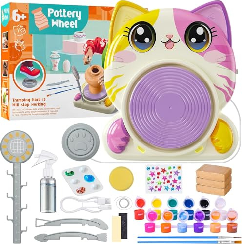 Alckijy Töpferset für Kinder – Elektrische Mini-Töpferscheibe mit Ton, Farben, Werkzeug & Schürze – Kreatives DIY Keramik-Bastelset ab 6 Jahren im Katzendesign – Geschenkidee für Mädchen & Jungen