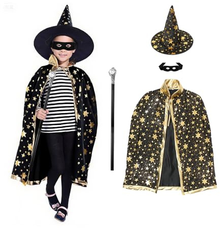 Kinwers Magisk kostym barn, 4 stycken trollerikappor, häxhatt trollstav mask, halloween karnevalkostym för unga flickor