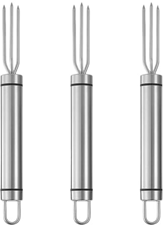 3 forchette in acciaio inox progettate per una presa sicura, ideali per cuochi casalinghi e appassionati di attività all'aperto e supporti per spiedini di patate