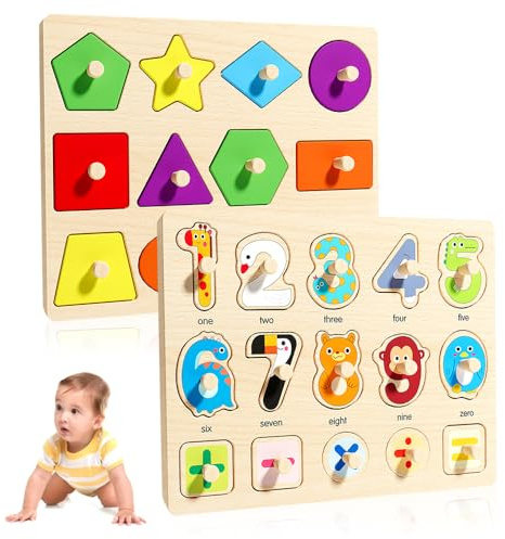 2Pcs Wooden Peg Puzzle, Wood Puzzle for Preschool Kids, Montessori Educational Jigsaw Puzzles, Number Wooden Peg Puzzles for 1 2 3 4 Year Olds Girl Boy Birthday Gifts