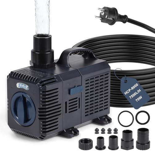 CPROSP Bomba para Estanques Exteriores 7500L/H - 70W, Altura de Elevación 8,5 m, Bomba de Agua con Cable de 5m, Caudal Regulable, para Filtro de Estanque de Jardín, Arroyo, Cascada
