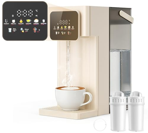 Dispensador de agua caliente con filtro,depósito de 3L,12-niveles de temperatura (25–99°C) y 8-opciones de volumen de agua (150–500ml), pantalla táctil LED para el hogar, la oficina y la autocaravana