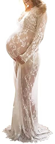 LAEMILIA Robe Maxi Femme Enceinte Bikini Cover Up Dentelle Col-V Manche Longue Photographie Robe Longue Mère Enceinte (FR44/2XL, Blanc)