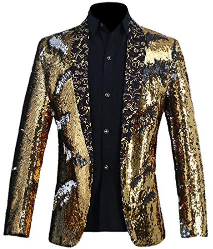 PYJTRL Men Stylish Two Color Conversion Shiny Sequins Blazer Suit Jacket (Gold + Silver, M)