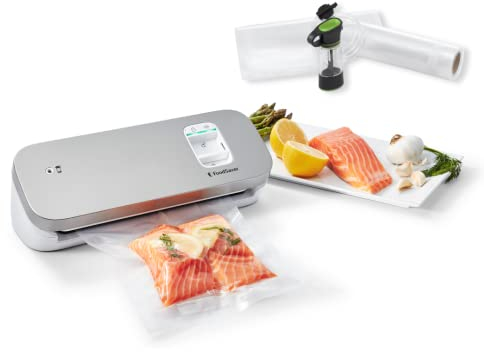 FoodSaver Machine Sous Vide Alimentaire Compacte | avec tuyau de scellage, 1 Petit Rouleau et 5 Sacs Sous Vide Petit Format | argent avec finition blanche [VS1191X]